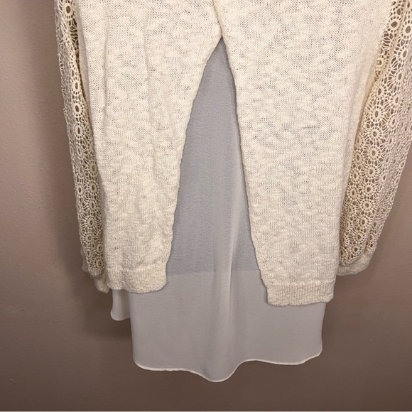 Medium Lucky Brand Ivory Cream Knit Chiffon Top Embroidered Lace  Pullover - Picture 5 of 13
